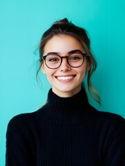 Fototapeta premium Cheerful portrait of a young friendly looking woman with glasses posing against a vibrant blue background with a warm inviting expression