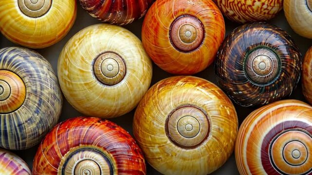 Colorful shells arranged in an artistic display on a flat surface during daylight hours