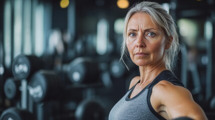 Fototapeta premium Determined Woman with Grey Hair in a Gym