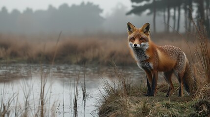 Obraz premium Red fox standing by foggy water.