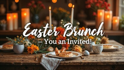 Festive Easter Brunch Table Arrangement with Flowers and Candles  