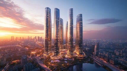 Obraz premium Modern skyscrapers reflect sunset in city skyline.