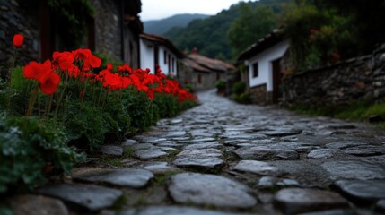 Cobblestone street in a quaint mountain village, lined with red flowers