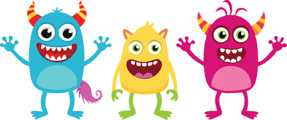 A set of five cheerful, cartoon monsters in vibrant colors, perfect for children's designs.