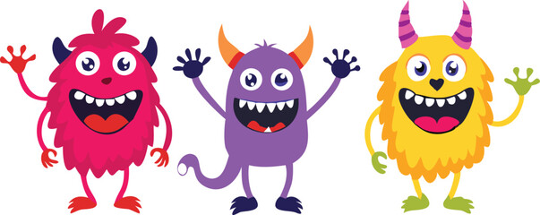 A set of five cheerful, cartoon monsters in vibrant colors, perfect for children's designs.