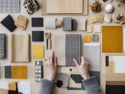 Interior design mood board with fabric and material samples