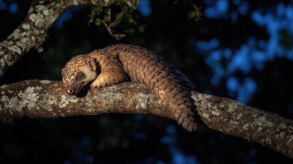 Pangolin resting on tree branch at twilight