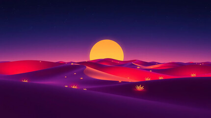 Obraz premium A surreal desert landscape with glowing bioluminescent patterns on the sand dunes. The twilight sky enhances the otherworldly ambiance, while luminous flora adds a mystical Created with generative AI