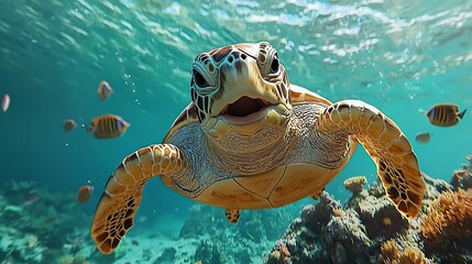 Naklejka premium Underwater close-up of a sea turtle swimming near coral reef and fish.