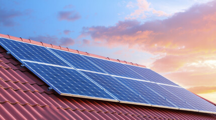 Solar panels on red roof against colorful sunset sky, showcasing renewable energy