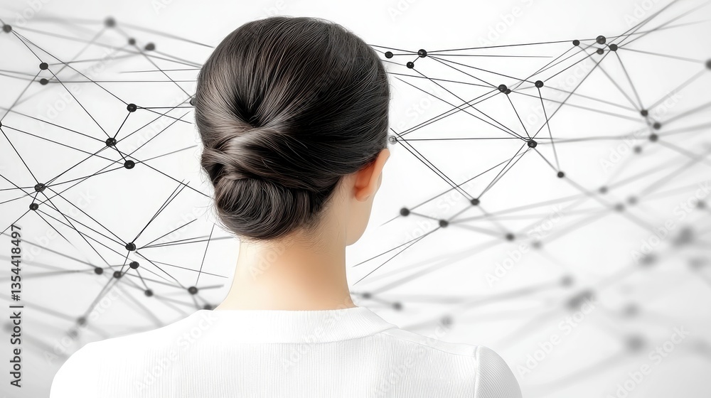 Poster woman looks at blurred network over white backdrop for use in tech and science visuals