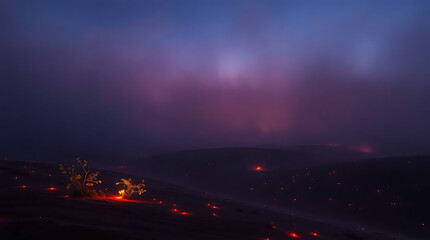 A surreal desert landscape with glowing bioluminescent patterns on the sand dunes. The twilight sky enhances the otherworldly ambiance, while luminous flora adds a mystical  Created with generative AI