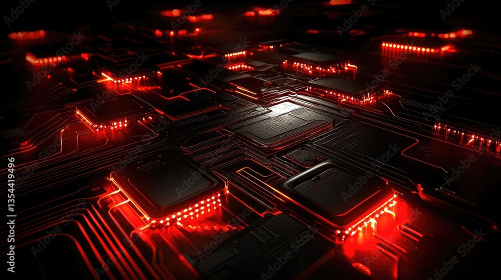 Poster abstract circuit board, glowing red lines, digital technology, futuristic design, for a tech-related