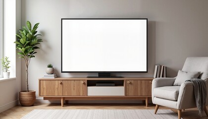 3D TV Mockup on Stand in Modern Living Room  
