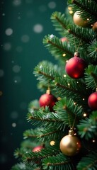 Obraz premium Evergreen Christmas tree with snowflakes and ornaments, festive atmosphere, evergreen, winter decorations