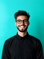 Headshot of a cheerful professional looking young man with a genuine welcoming smile and glasses against a simple turquoise background
