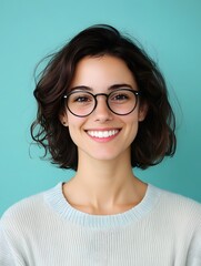 Fototapeta premium Headshot of a cheerful young woman with curly hair and glasses smiling warmly against a vibrant blue background