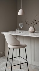 Beige bar stool, countertop, pendant lamp, interior design, modern kitchen