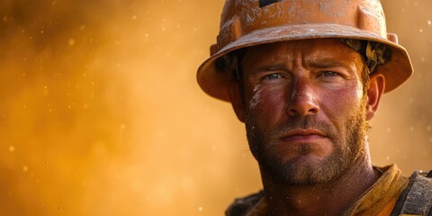 Fototapeta premium A senior worker with a white beard, wearing a hard hat, surrounded by orange dust. A symbol of experience, dedication, and resilience.