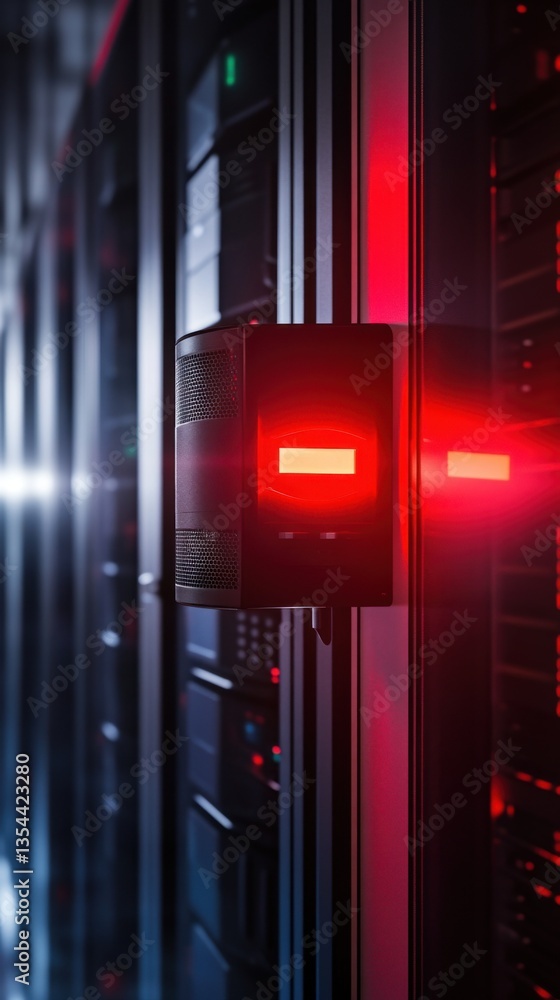 Poster red warning light on server rack in data center