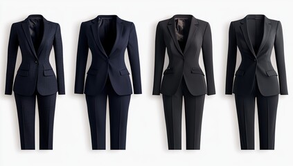 Professional women's blazers and pantsuits in various navy and dark colors