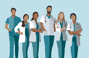 Healthcare. Medical team. Flat style vector illustration of a team of six doctors and nurses.