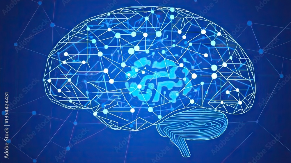 Aufkleber brain with neural network representing ai, learning & creativity, with blue gradient background