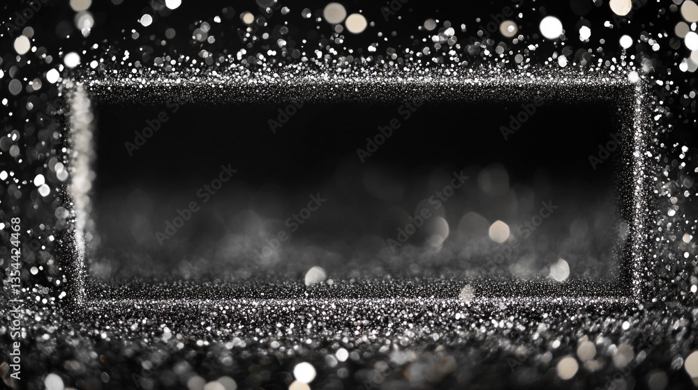 Poster a sparkling frame of glitter on a dark background with bokeh lights and a rectangular opening space