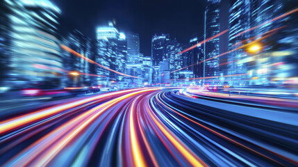 Obraz premium City skyline at night with vibrant light trails and blurred motion