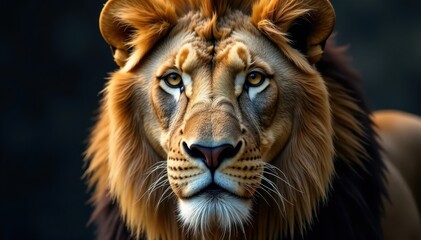 Naklejka premium Majestic lion's head with shaggy mane and piercing eyes, animal artwork, mystical creature