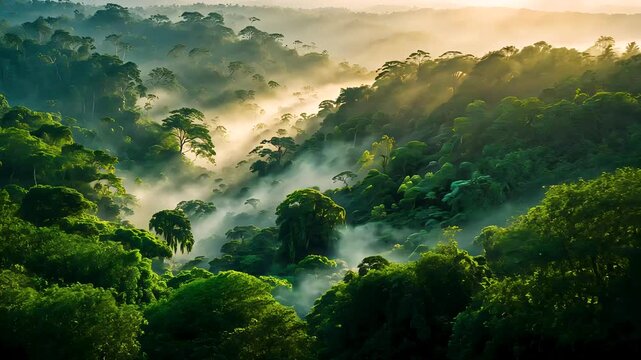 Mist Rising Over Lush Green Rainforest Canopy in Soft Morning Light Aerial