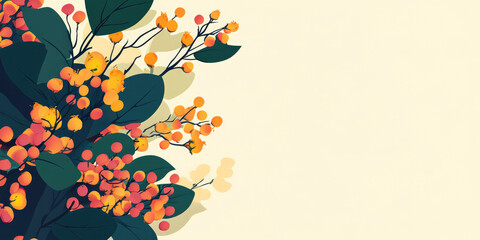 Stylized illustration of orange and red berries with dark green leaves on a cream background. Ideal for blogs on holidays, food, nature, seasonal recipes, and design websites.