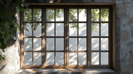 A rustic wooden window with leaves and sunlight casting shadows on the wall outside the window frame