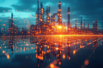 Futuristic industrial landscape with illuminated data display overlay at sunset