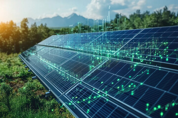 Solar panels with digital overlay depicting sustainable energy data analysis