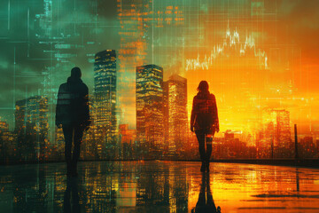 Cityscape Double Exposure with Silhouetted Individuals and Virtual Data Overlay