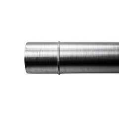 A close-up of a galvanized steel pipe, showcasing its seamless connection and industrial texture against a stark transparent background.