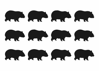 A collection of black silhouette images of wombats, presented in various side-view profiles.