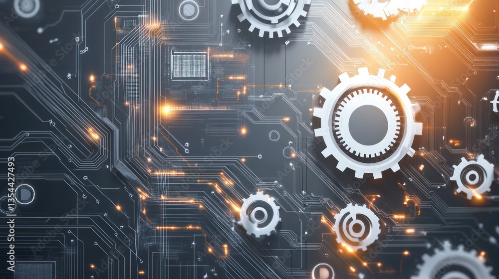 Poster abstract circuit board with gears, showcasing technology and innovation, suitable for backgrounds or