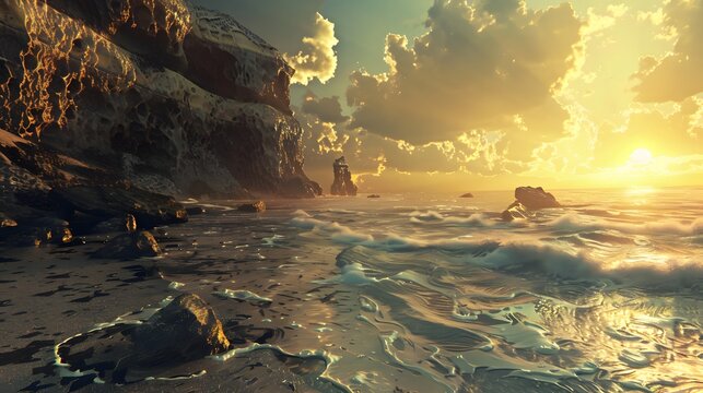 Golden sunset over tranquil waves lapping at rocky shoreline with vibrant clouds reflecting warm light