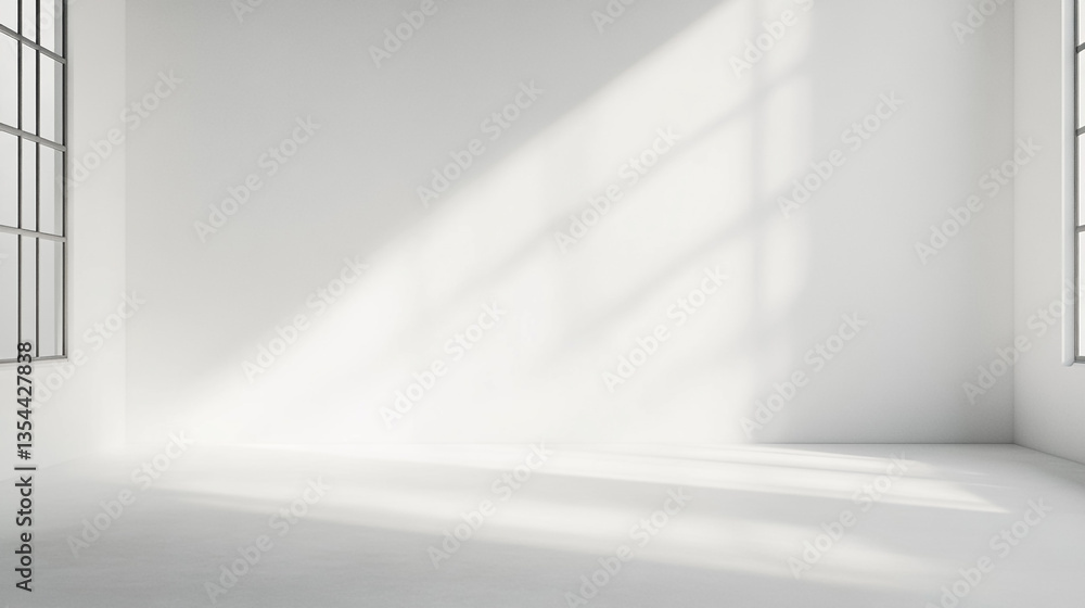 Poster a bright white room with large windows and sunlight streaming in creating shadows on the walls