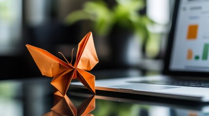 Creative workspace with origami butterfly and laptop displaying graphic charts