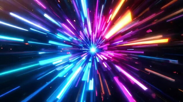 Fragments of light and color break apart from a central core exploding and reforming in a high-tech digital void creating a futuristic display