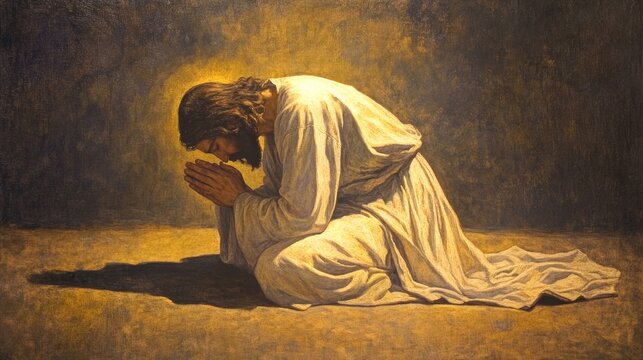 A serene and sacred depiction of Jesus kneeling on the floor in a humble posture, praying with hands clasped and head gently bowed. - Powered by Adobe