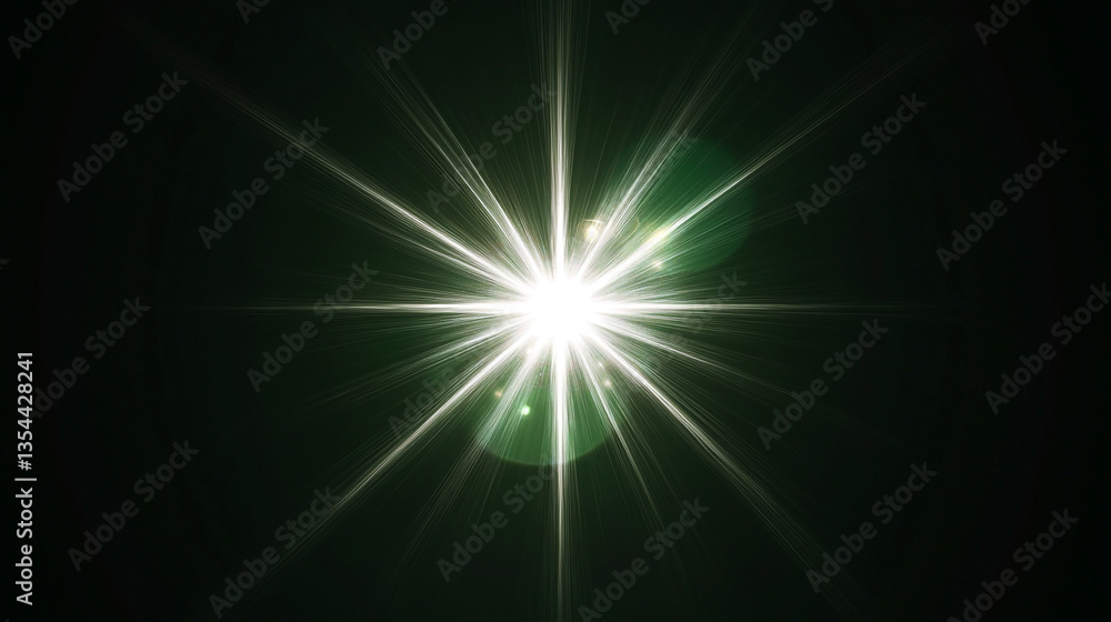 Poster a bright white light with radiating beams on a dark background creating a starburst effect