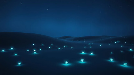 Naklejka premium A surreal desert landscape with glowing bioluminescent patterns on the sand dunes. The twilight sky enhances the otherworldly ambiance, while luminous flora adds a mystical Created with generative AI