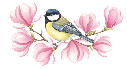 Tit bird and pink magnolia flowers illustration, romantic nature design Watercolor floral cute songbird isolated