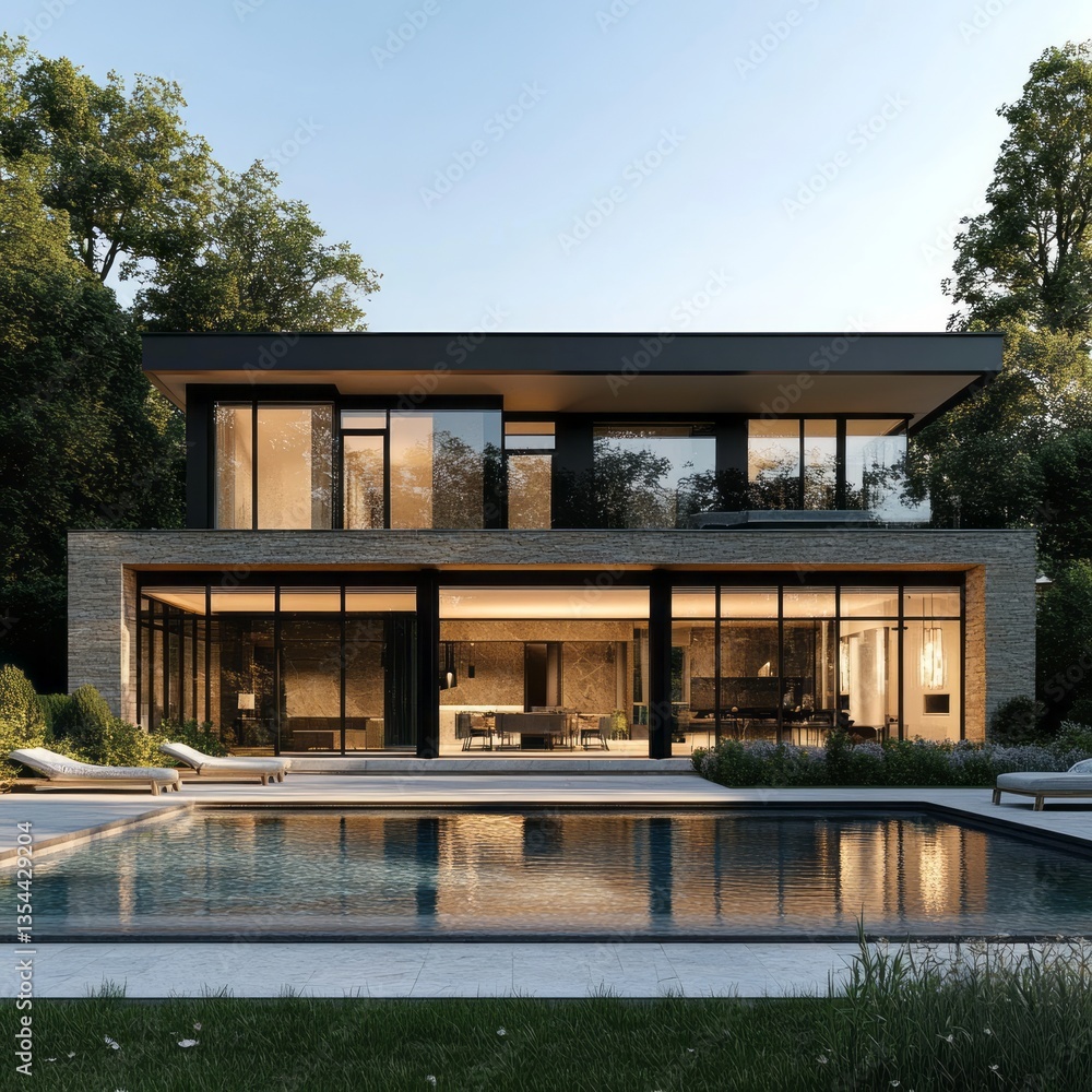 Poster modern house with pool showcasing architectural design elements
