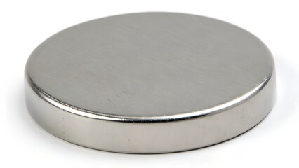 A round, metallic magnet sits isolated on a white background.