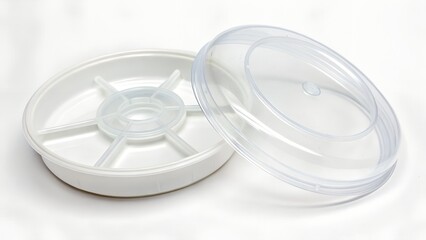 An open, empty petri dish with its clear plastic lid sitting beside it